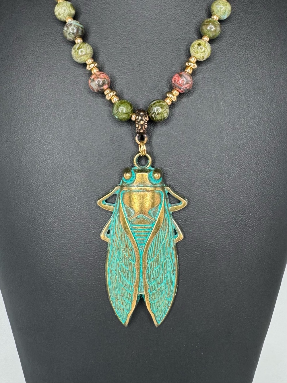 Artisan Verdigris Cicada Pendant Necklace Terra Cubes  & Leopard Skin Jasper 20” - Picture 3 of 8